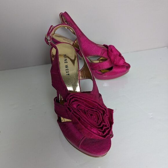 Nine West Fuchsia Silk Slingback Heels – Rosette Front, Size 5, 4” Stiletto - Picture 4 of 12